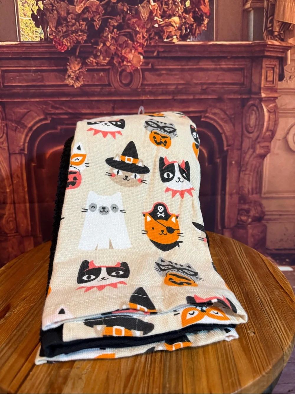 Feline Kitty Halloween Cat Print White/Black/Orange Dish Towel Set Summerween